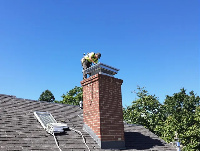 Moreno Valley Chimney Sweep technician measuring a chimney cap in Moreno Valley, CA